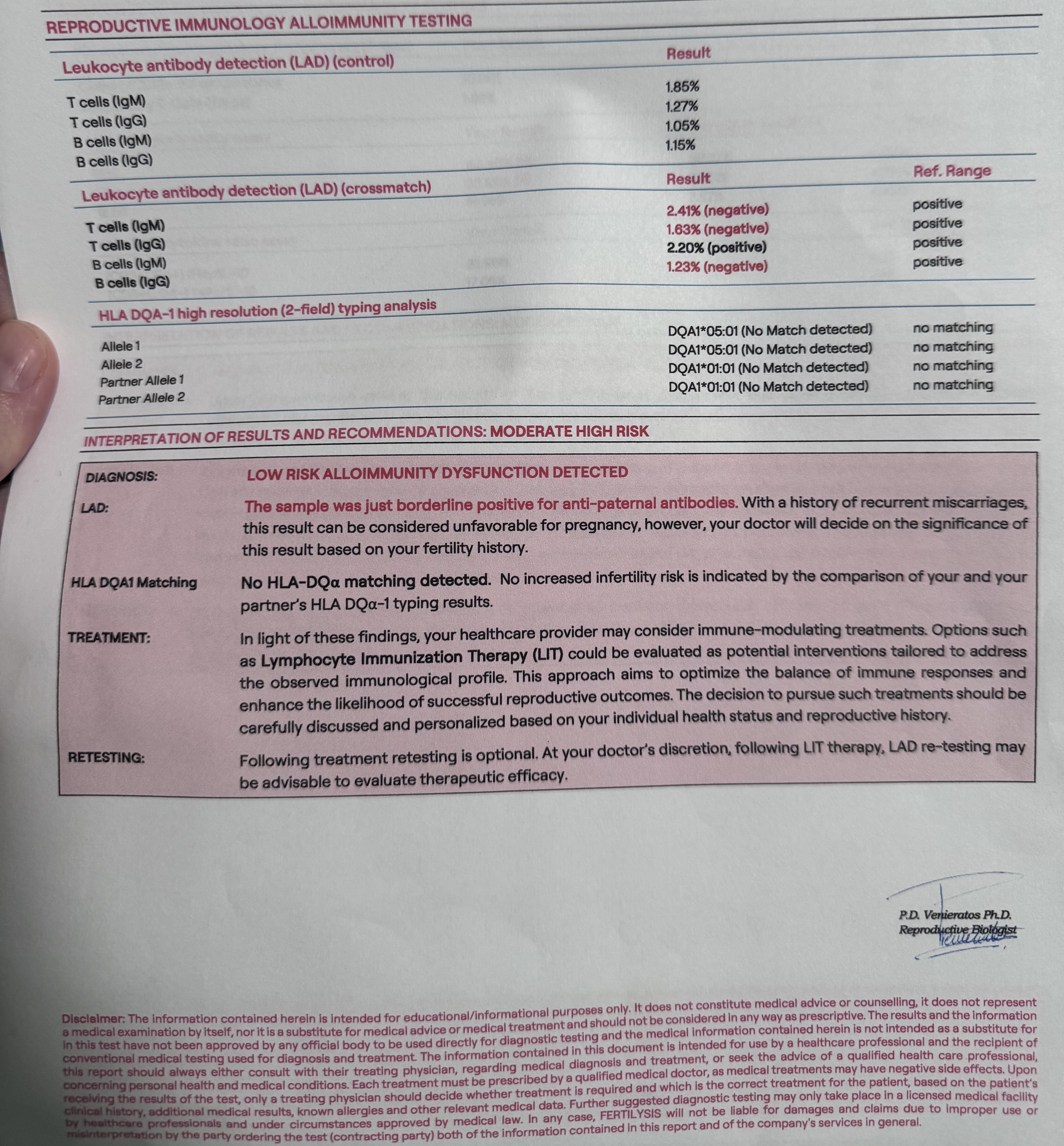 Fertilysis Reproductive Immunology Alloimmunity Testing result page showing leukocyte antibody detection and HLA DQA-1 typing results with a low risk alloimmunity dysfunction risk diagnosis